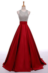 A-Line Round Neck Red Long Prom Dress with Beading Sleeveless Evening Dresses