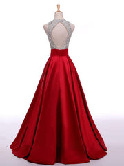 A-Line Round Neck Red Long Prom Dress with Beading Sleeveless Evening Dresses