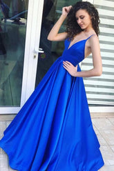 A-Line Royal Blue Spaghetti Straps Satin Prom Dress with Pleats Graduation Gown