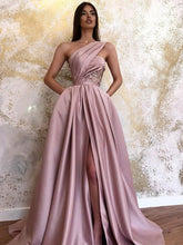 A-Line Satin Sleeveless Ruched One-Shoulder Sweep/Brush Train Dresses