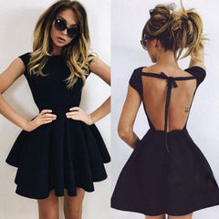 A-Line Scoop Backless Short Sleeves Black Ruched Homecoming Cocktail Dress