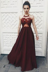 A-line Sexy Halter Sleeveless Dark Red Illusion Bodice Long Prom Dress with Lace