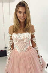 A-Line Sheer Neck Long Sleeves Pink Tulle Homecoming Cocktail Dress with Appliques