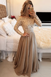 A-Line Sheer Neckline Prom Dresses Floor Length Long Sleeves Evening Dress