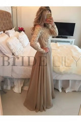 A-Line Sheer Neckline Prom Dresses Floor Length Long Sleeves Evening Dress