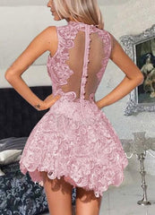 A-Line Short Dropped Pink Homecoming Mini Sleeveless Lace Cocktail Dress
