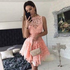 A-Line Short Dropped Pink Homecoming Mini Sleeveless Lace Cocktail Dress