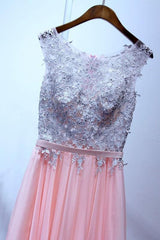 A Line Sleeveless Chiffon Long Appliqued Prom Dress Pink Formal Dresses