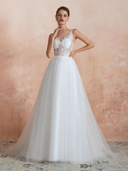 A Line Sleeveless Lace Floor Length Tulle Wedding Dress With Train