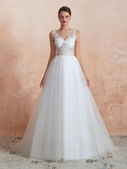 A Line Sleeveless Lace Floor Length Tulle Wedding Dress With Train