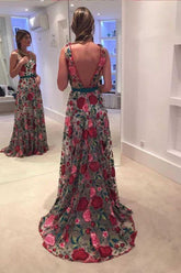 A Line Sleeveless Prom Embroidery Formal Dress Long with V Back