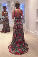 A Line Sleeveless Prom Embroidery Formal Dress Long with V Back