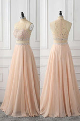 A Line Sleeveless with Rhinestone Chiffon Long Prom Dress