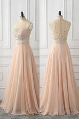 A Line Sleeveless with Rhinestone Chiffon Long Prom Dress