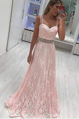 A Line Straps Lace Appliques Prom Dress with Beads Light Pink Evening Dresses
