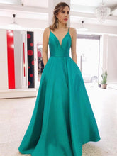 A Line V Neck Backless Green Long Prom with Pocket, Backless Green Formal Graduation Evening