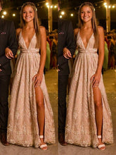 A Line V Neck Backless Lace Champagne Long Prom with Leg Slit, Backless Formal, Lace Graduation Evening