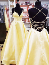 A Line V Neck Yellow Satin Prom Dress with Cross Back Backless Evening Dress