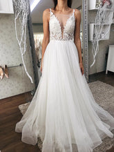 A Line V Neck Ivory White Lace Wedding Dresses