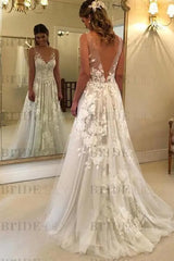 A Line V Neck Lace Appliques White Wedding Dress Sleeveless