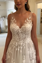 A Line V Neck Lace Appliques White Wedding Dress Sleeveless