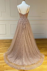 A Line V Neck Lace Champagne Long Prom Dress Spaghetti Straps Formal Graduation Evening Dress