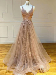 A Line V Neck Lace Champagne Long Prom Dress Spaghetti Straps Formal Graduation Evening Dress