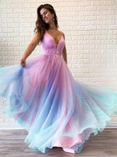 A Line V Neck Ombre Long Prom Dress Multi Color Formal Evening Dress