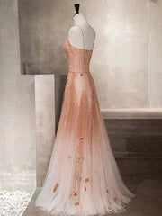 A Line V Neck Open Back Prom Dress Champagne Tulle Beaded Long Evening Dress