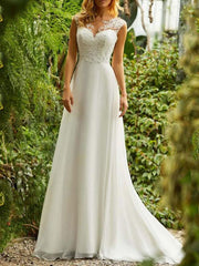 A Line V Neck Simple Wedding Dresses Chiffon Sleeveless Lace Beaded Bridal Gowns With Train