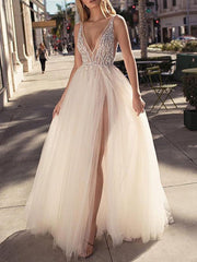A Line V Neck Sleeveless Beaded Court Train Front Split Tulle Bridal Gowns