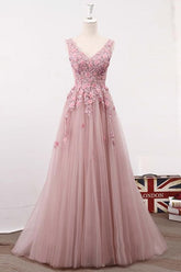 A Line V Neck Sleeveless Tulle Long with Flowers Party Prom Dress
