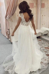 A Line V Neck Tulle Beach with Ivory Lace Top Long Wedding Dress