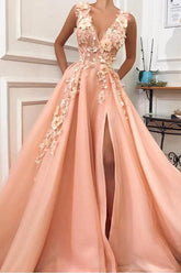 A Line V-neck Tulle Split Evening Gown Dresses with Flowers Long Graduation Dress