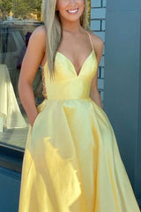 A Line V Neck Yellow Satin Prom Dress with Cross Back Backless Evening Dress