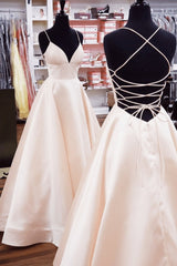 A Line V Neck Yellow Satin Prom Dress with Cross Back Backless Evening Dress