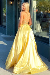 A Line V Neck Yellow Satin Prom Dress with Cross Back Backless Evening Dress