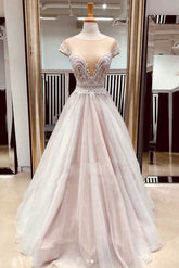 A Line Sheer Neck Cap Sleeves Prom with Lace Appliques Long Senior Dress