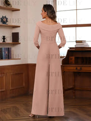 3/4 Sleeves V-Neck Chiffon Mother of the Bride Jumpsuit Pleated Women Wear Outfit