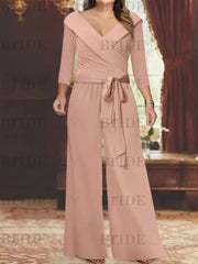 3/4 Sleeves V-Neck Chiffon Mother of the Bride Jumpsuit Pleated Women Wear Outfit
