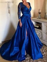 3/4 Length Sleeves Evening Dress Ball Gown V Neck Lace Satin Prom Dresses With Train