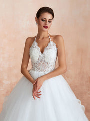 A-Line Halter Sleeveless Lace Tulle Bridal Gown With Train | Bridelily
