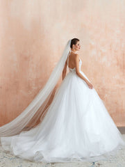 A-Line Halter Sleeveless Lace Tulle Bridal Gown With Train | Bridelily