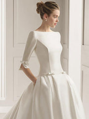 3/4 Length Sleeves Bateau Wedding Dresses A-Line Chapel Train Bows Satin Bridal Dresses White