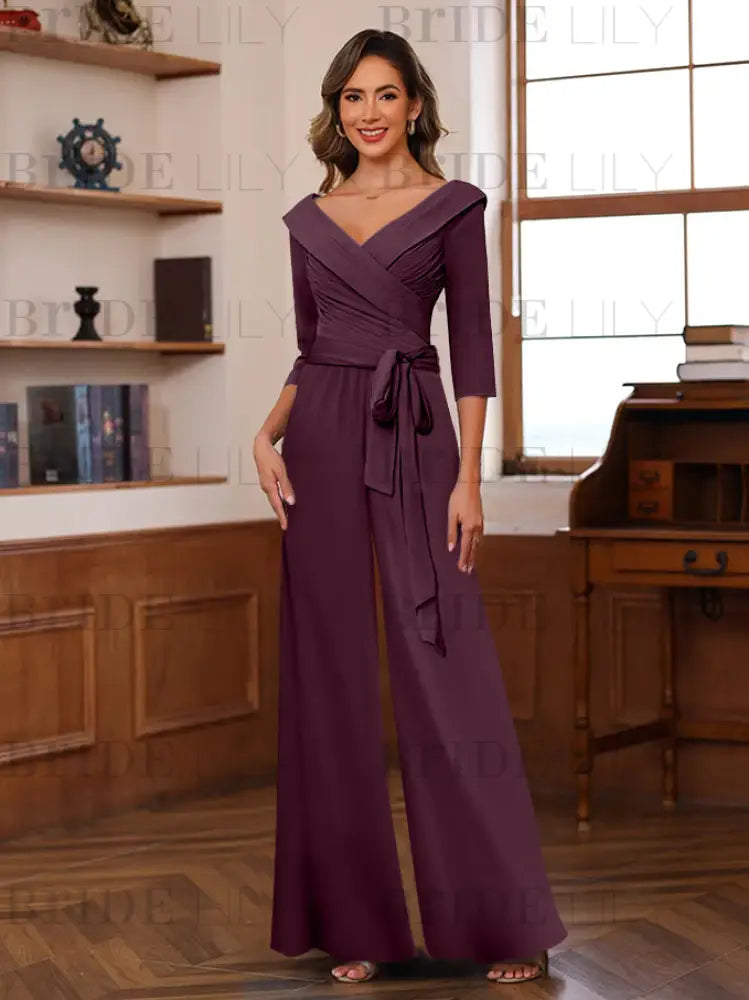 3/4 Sleeves V-Neck Chiffon Mother of the Bride Jumpsuit Pleated Women Wear Outfit