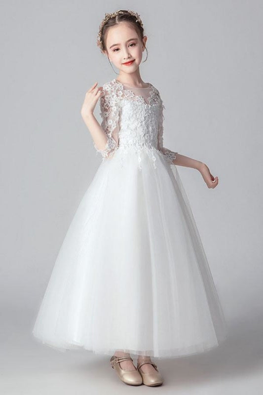 3/4 Length Sleeves Ankle-Length PrincessWhite Flower Girl Dresses Tulle Formal Kids Pageant Dresses