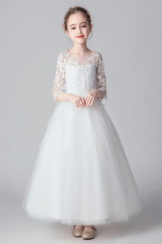 3/4 Length Sleeves Ankle-Length PrincessWhite Flower Girl Dresses Tulle Formal Kids Pageant Dresses