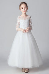 3/4 Length Sleeves Ankle-Length PrincessWhite Flower Girl Dresses Tulle Formal Kids Pageant Dresses