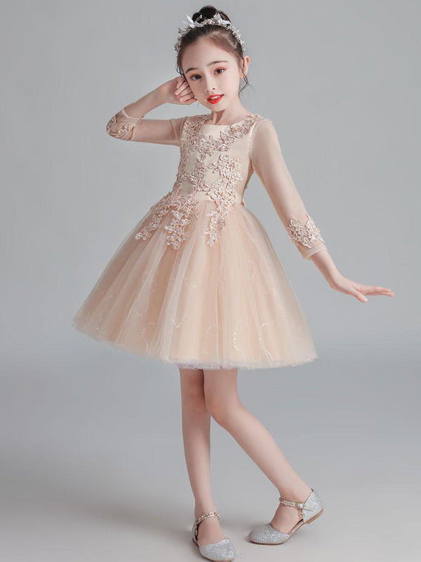3/4 Length Sleeves White Flower Girl Dresses Jewel Neck Tulle Lace Embroidered Kids Party Dresses