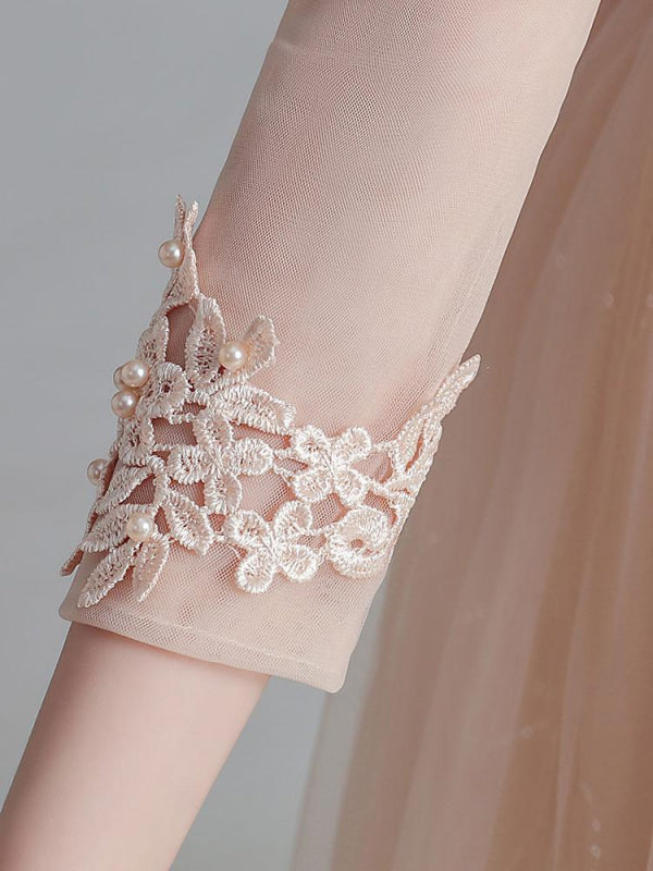 3/4 Length Sleeves White Flower Girl Dresses Jewel Neck Tulle Lace Embroidered Kids Party Dresses